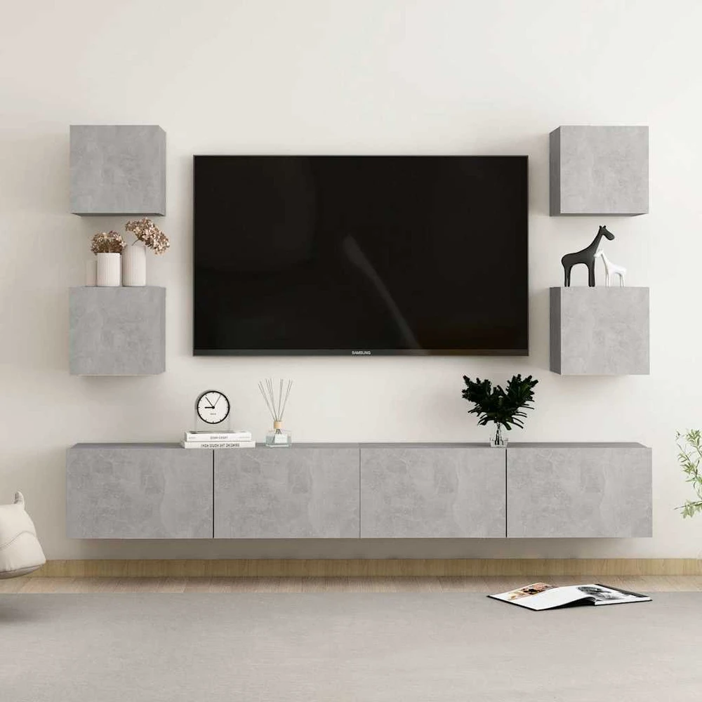 TV staliukas TV spintelių komplektas, 6 dalių, betono pilkas, mediena