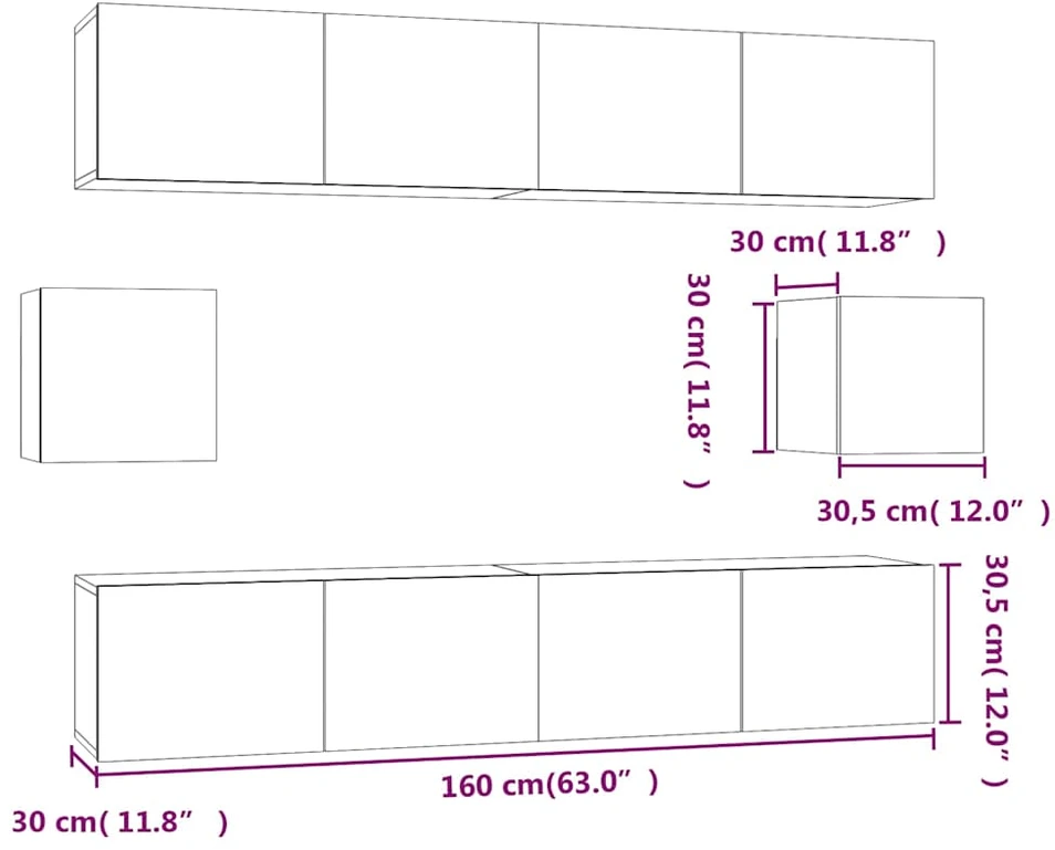 TV staliukas TV spintelių komplektas, 6 dalių, dūminio ąžuolo, mediena