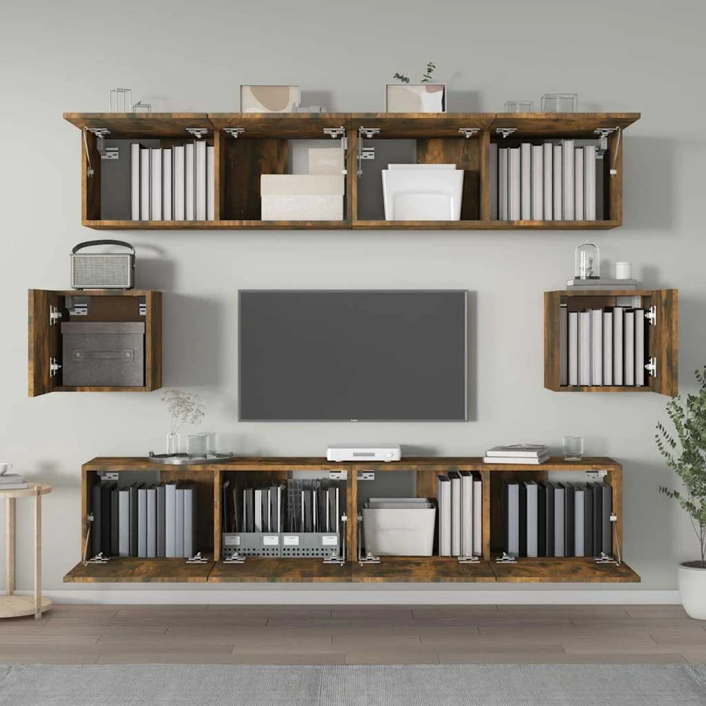 TV staliukas TV spintelių komplektas, 6 dalių, dūminio ąžuolo, mediena