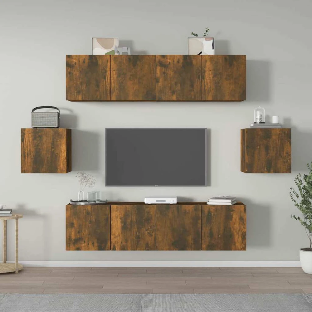 TV staliukas TV spintelių komplektas, 6 dalių, dūminio ąžuolo, mediena