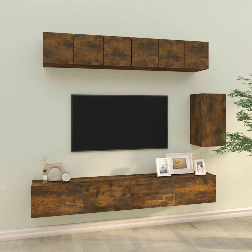 TV staliukas TV spintelių komplektas, 6 dalių, dūminio ąžuolo, mediena