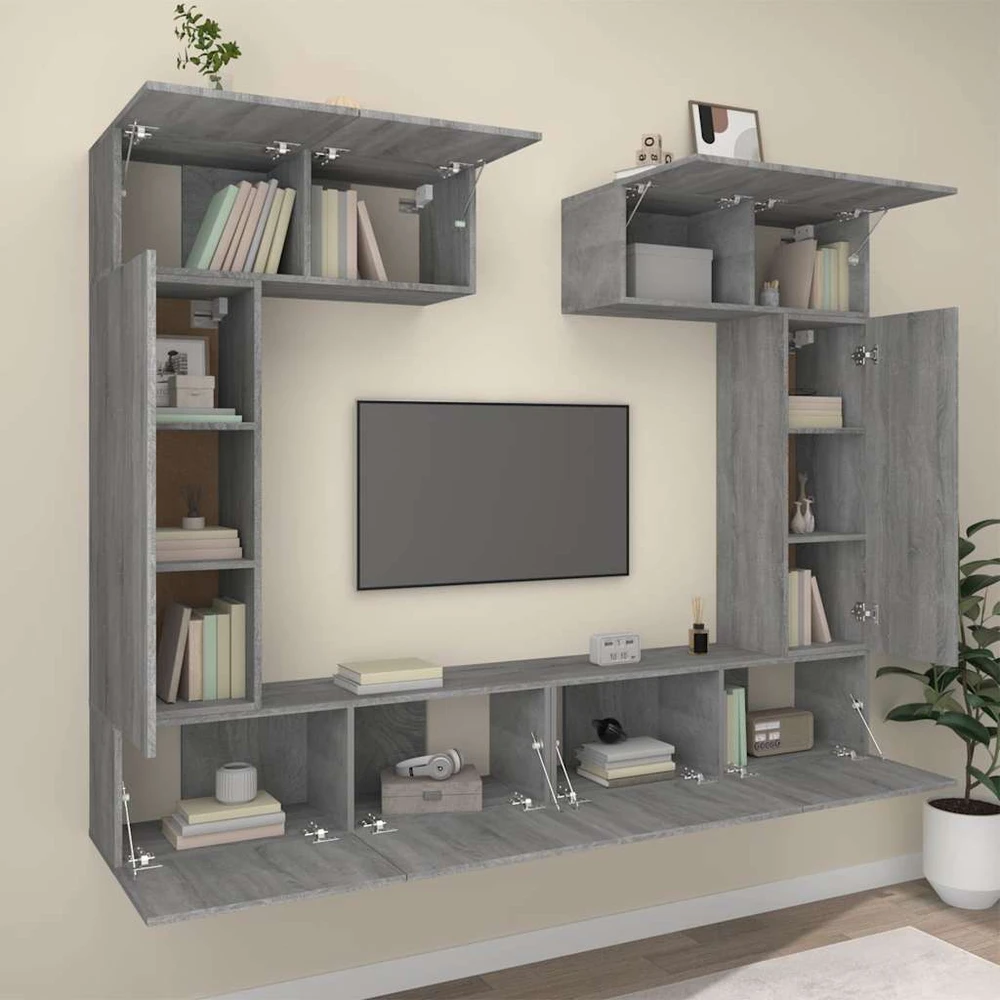 TV staliukas TV spintelių komplektas, 6 dalių, pilkas ąžuolo, mediena