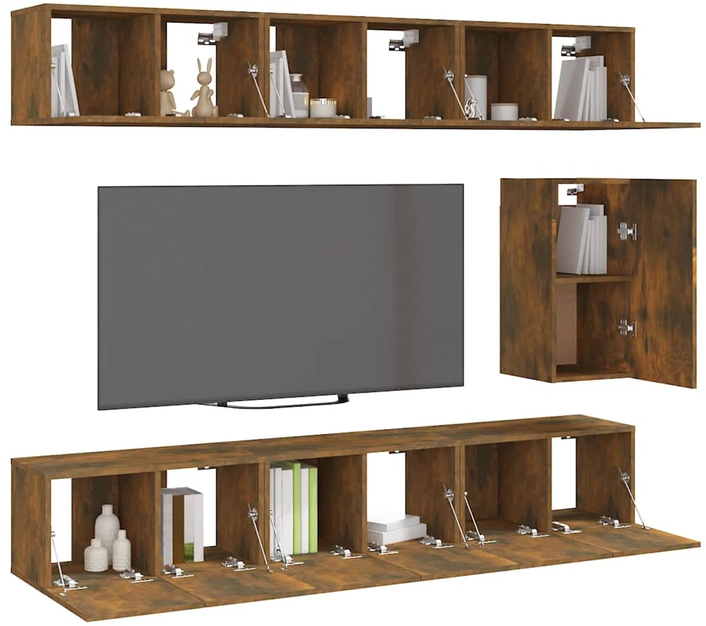 TV staliukas TV spintelių komplektas, 7 dalių, dūminio ąžuolo, mediena