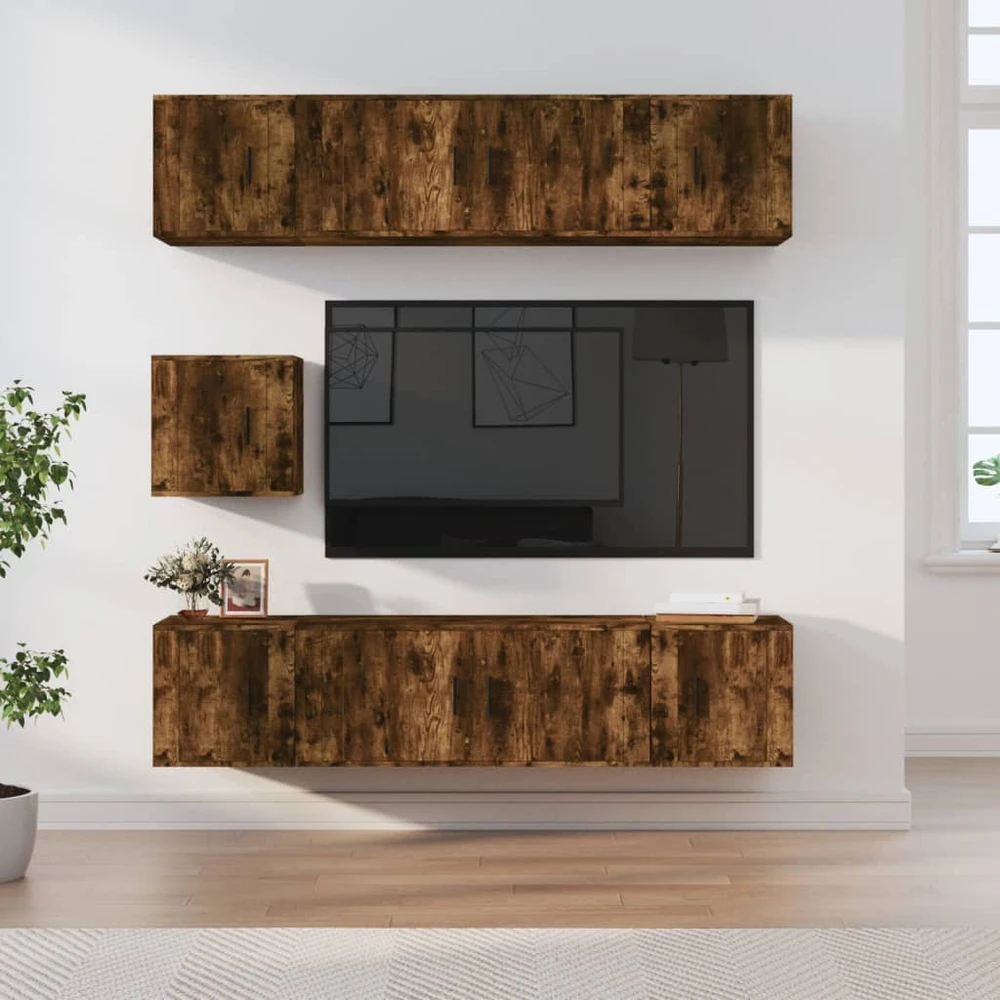 TV staliukas TV spintelių komplektas, 7 dalių, dūminio ąžuolo, mediena