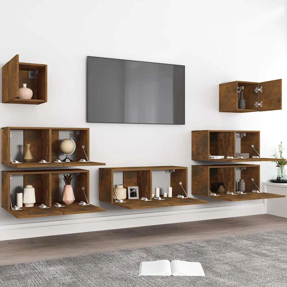 TV staliukas TV spintelių komplektas, 7 dalių, dūminio ąžuolo, mediena