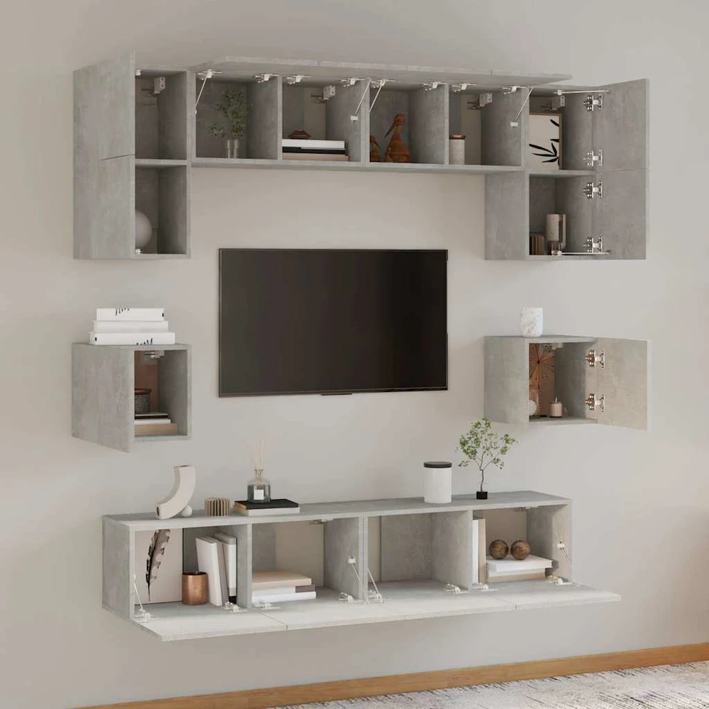 TV staliukas TV spintelių komplektas, 8 dalių, betono pilkas, mediena