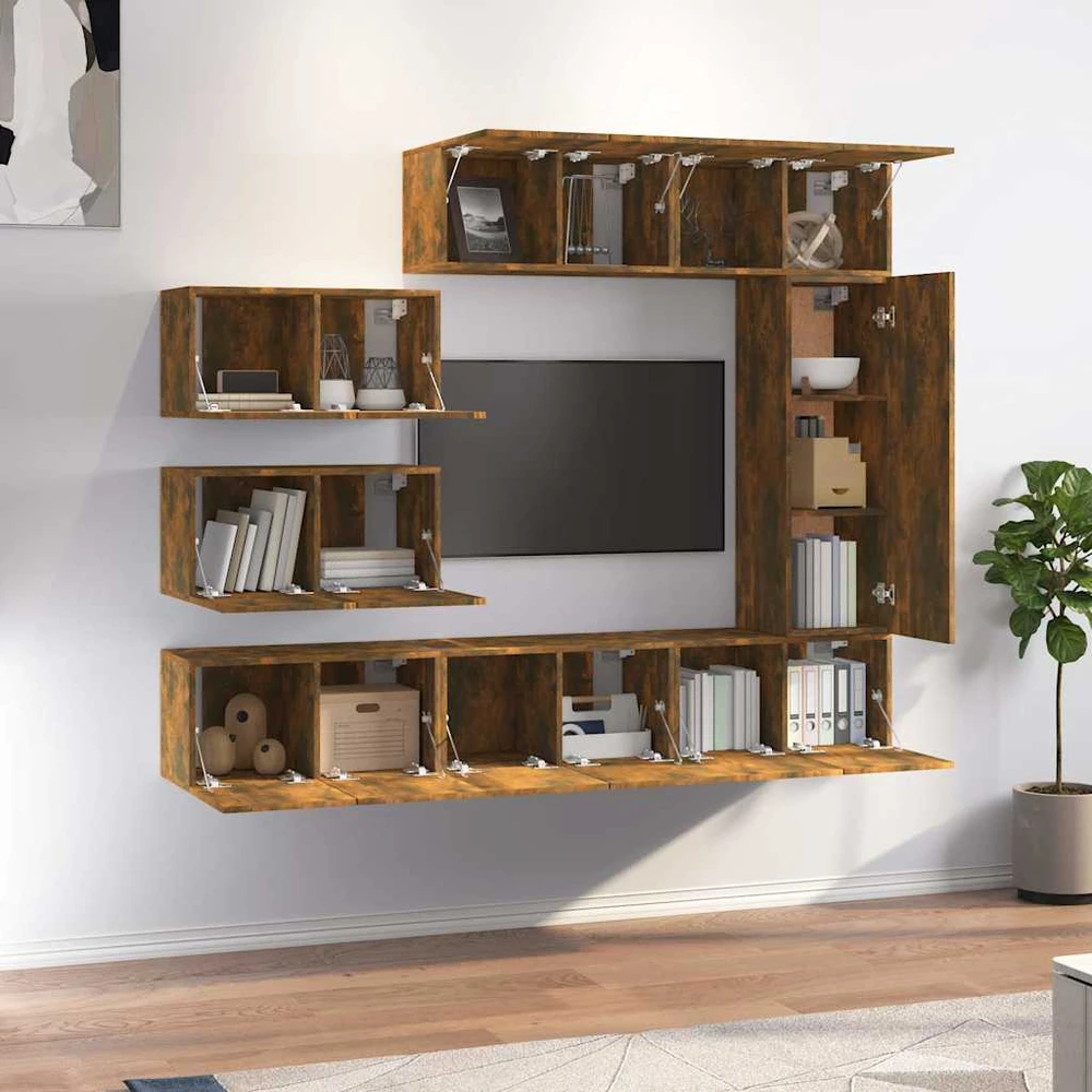 TV staliukas TV spintelių komplektas, 8 dalių, dūminio ąžuolo, mediena
