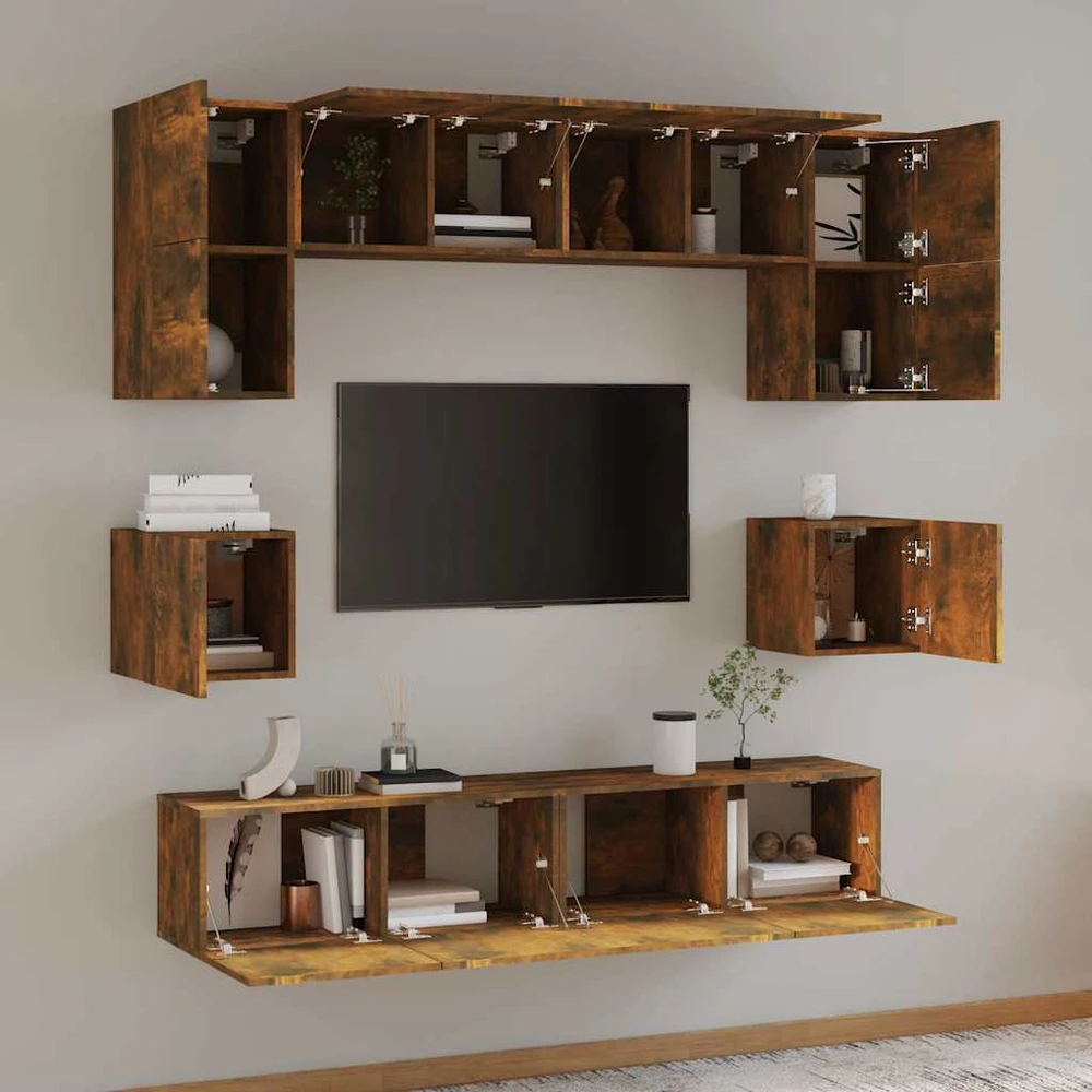 TV staliukas TV spintelių komplektas, 8 dalių, dūminio ąžuolo, mediena