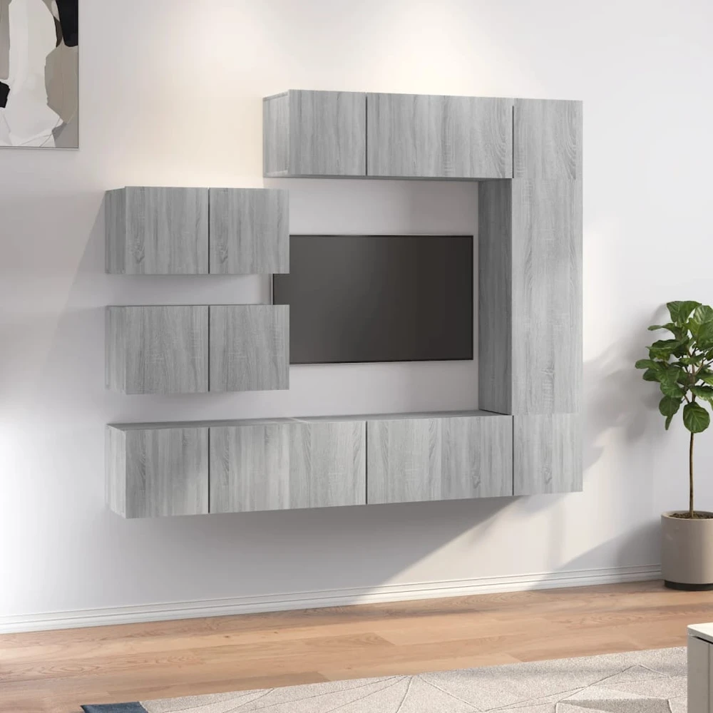 TV staliukas TV spintelių komplektas, 8 dalių, pilkas ąžuolo, mediena