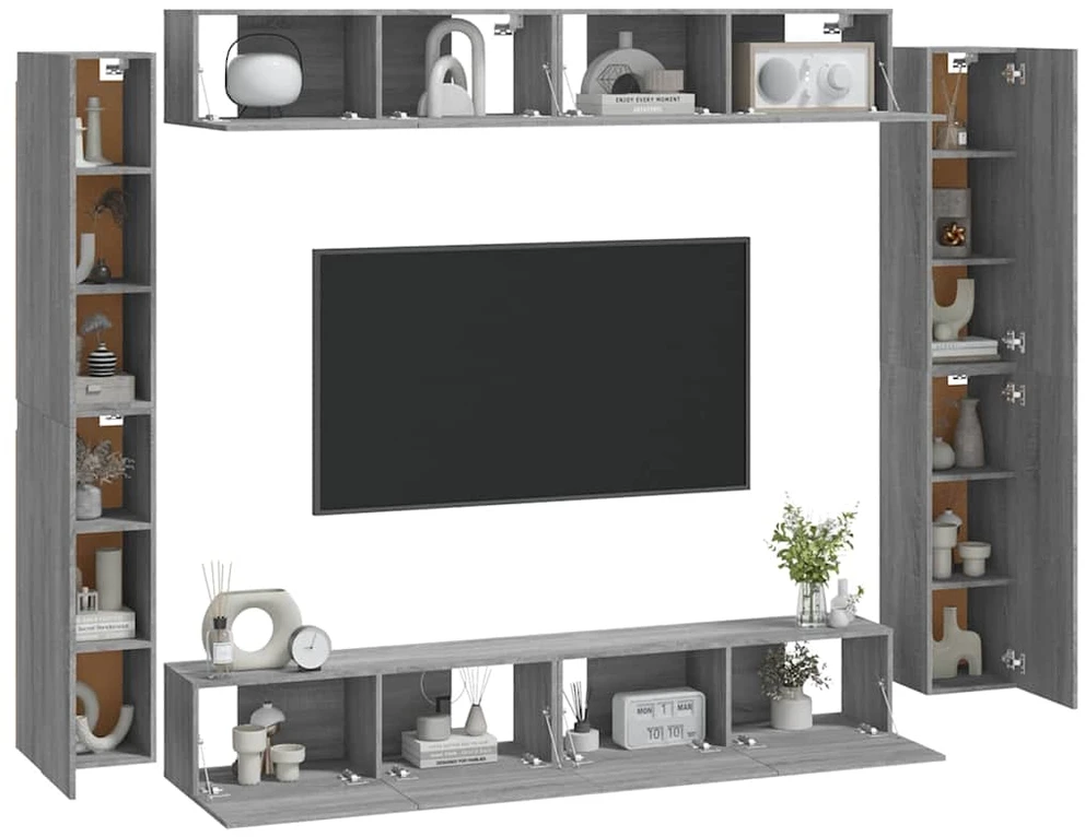 TV staliukas TV spintelių komplektas, 8 dalių, pilkas ąžuolo, mediena