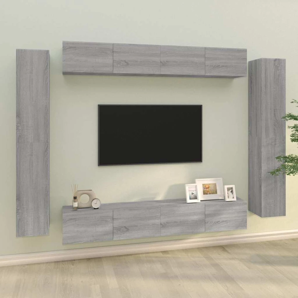 TV staliukas TV spintelių komplektas, 8 dalių, pilkas ąžuolo, mediena