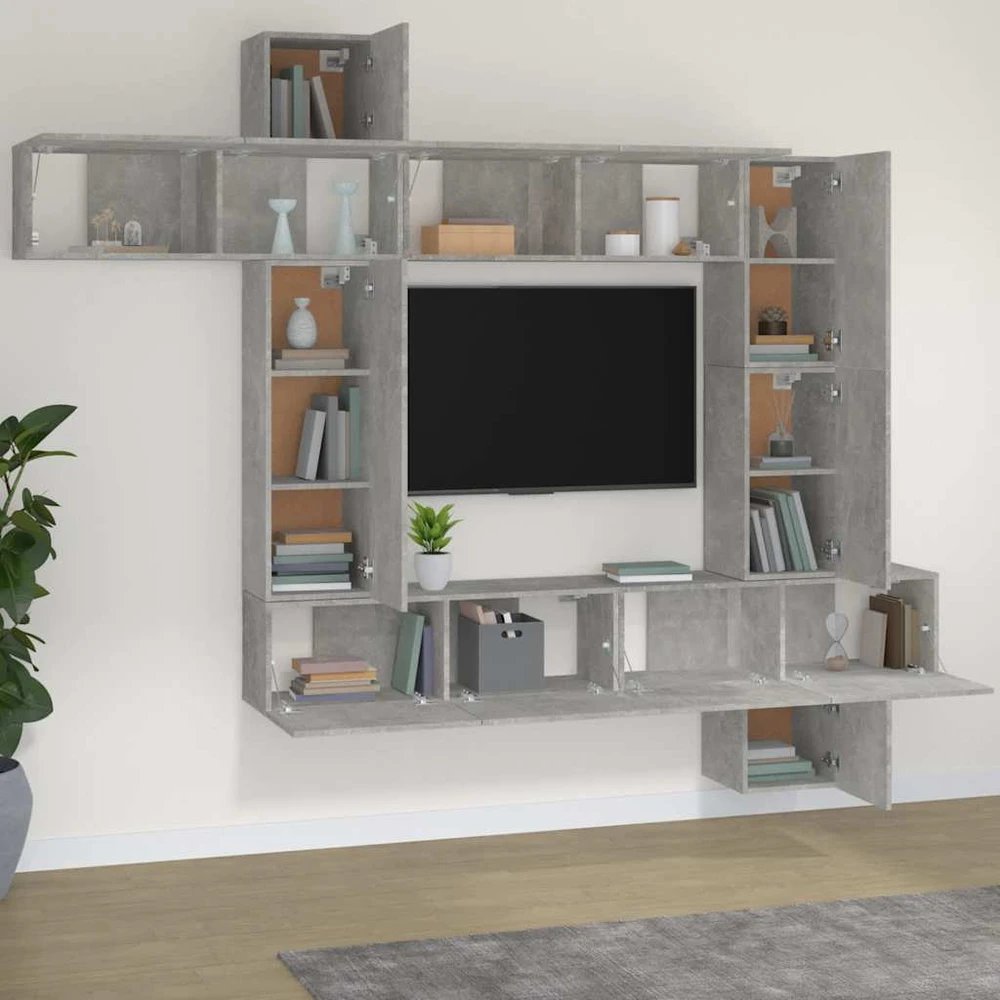 TV staliukas TV spintelių komplektas, 9 dalių, betono pilkas, mediena