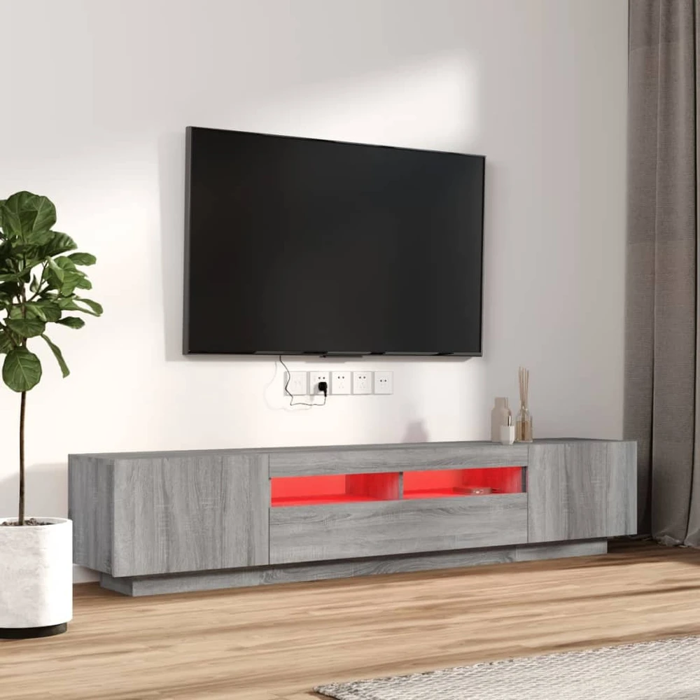 TV staliukas TV spintelių komplektas su LED, 2 dalių, pilkas ąžuolo, mediena