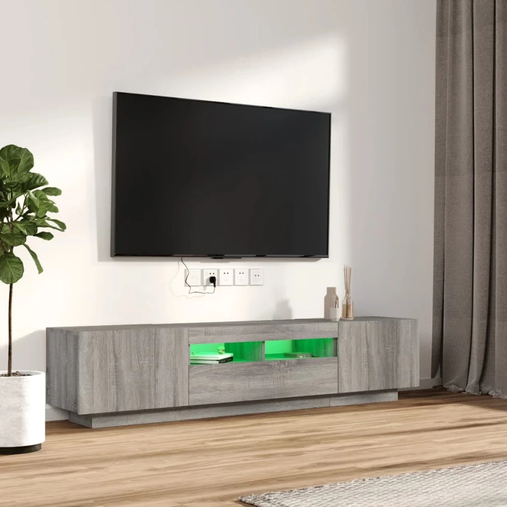 TV staliukas TV spintelių komplektas su LED, 2 dalių, pilkas ąžuolo, mediena