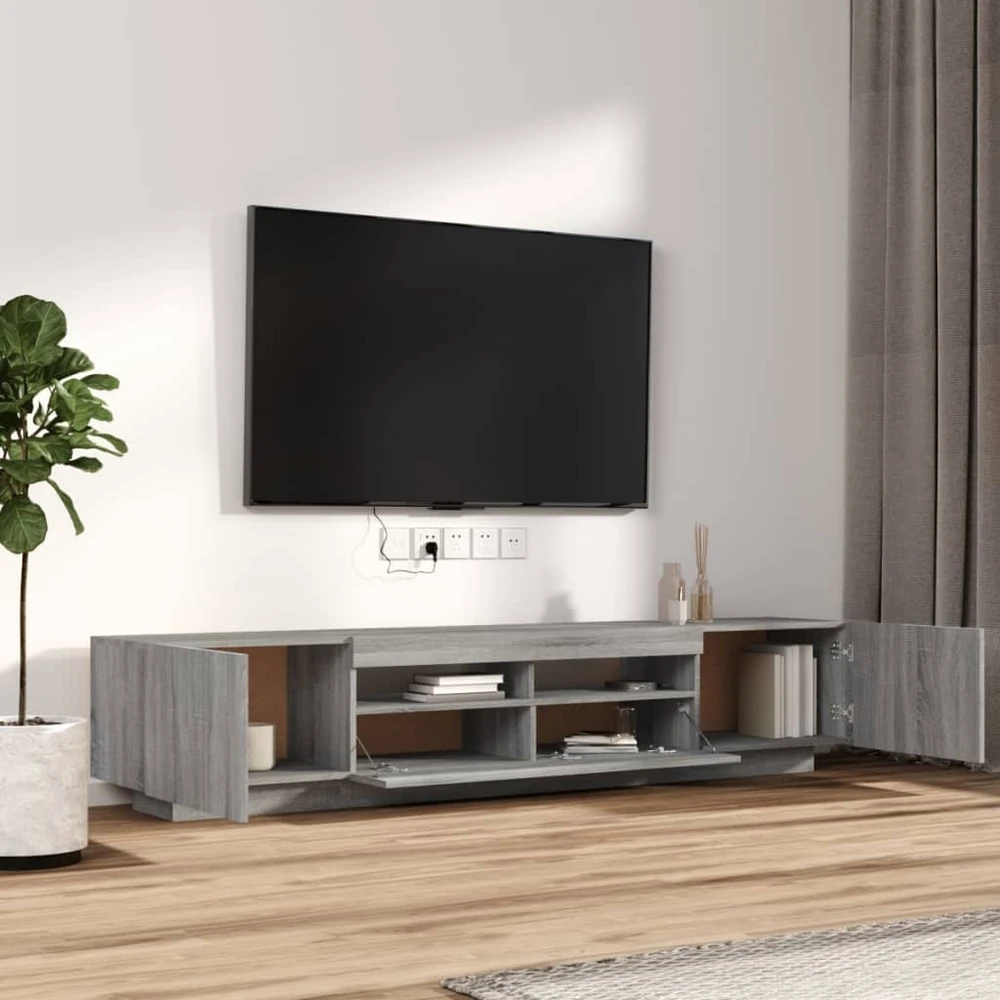 TV staliukas TV spintelių komplektas su LED, 2 dalių, pilkas ąžuolo, mediena