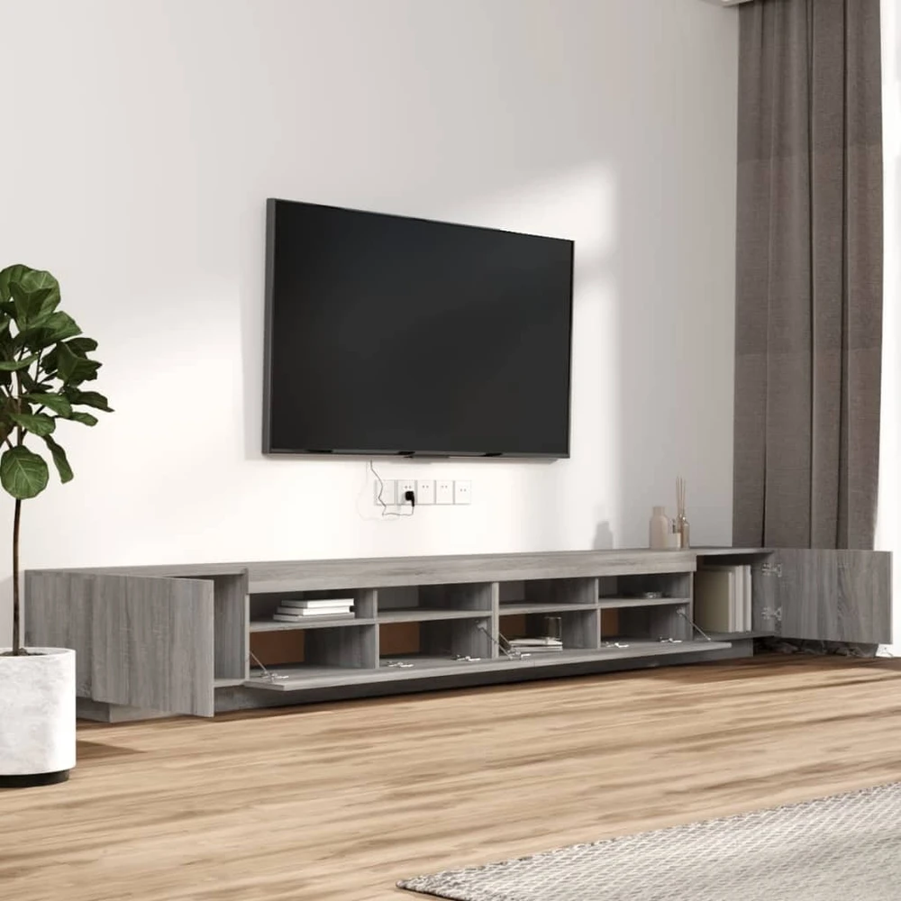 TV staliukas TV spintelių komplektas su LED, 3 dalių, pilkas ąžuolo, mediena