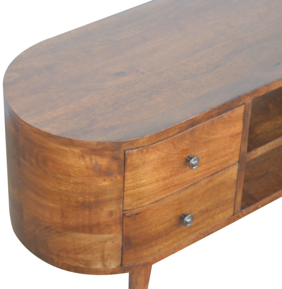 TV staliukas Artisan Furniture Apvalintų formų mango medienos TV spintelė su 4 stalčiais, kaštono atspalvio