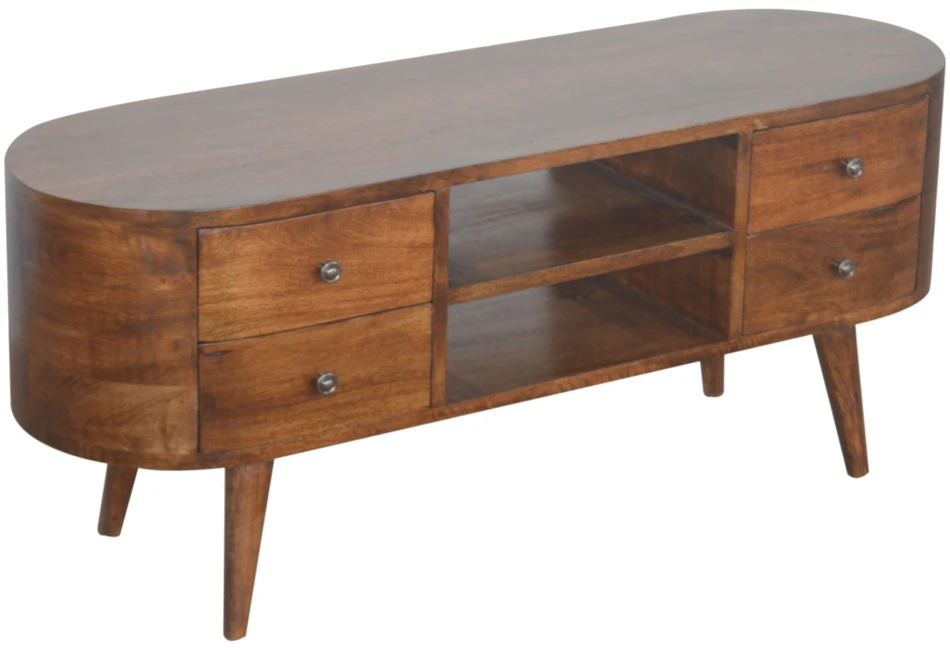 TV staliukas Artisan Furniture Apvalintų formų mango medienos TV spintelė su 4 stalčiais, kaštono atspalvio