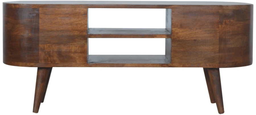 TV staliukas Artisan Furniture Apvalintų formų mango medienos TV spintelė su 4 stalčiais, kaštono atspalvio