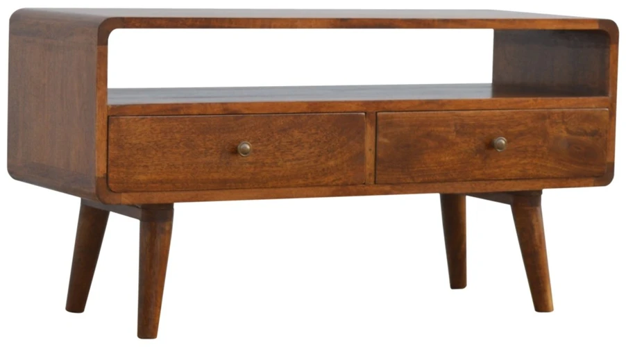 TV staliukas Artisan Furniture Lenkta mango medienos TV spintelė, kaštono atspalvio