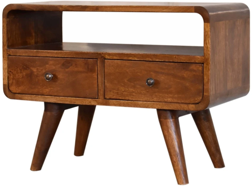 TV staliukas Artisan Furniture Lenkta Riešutmedžio Mini TV spintelė su 2 stalčiais
