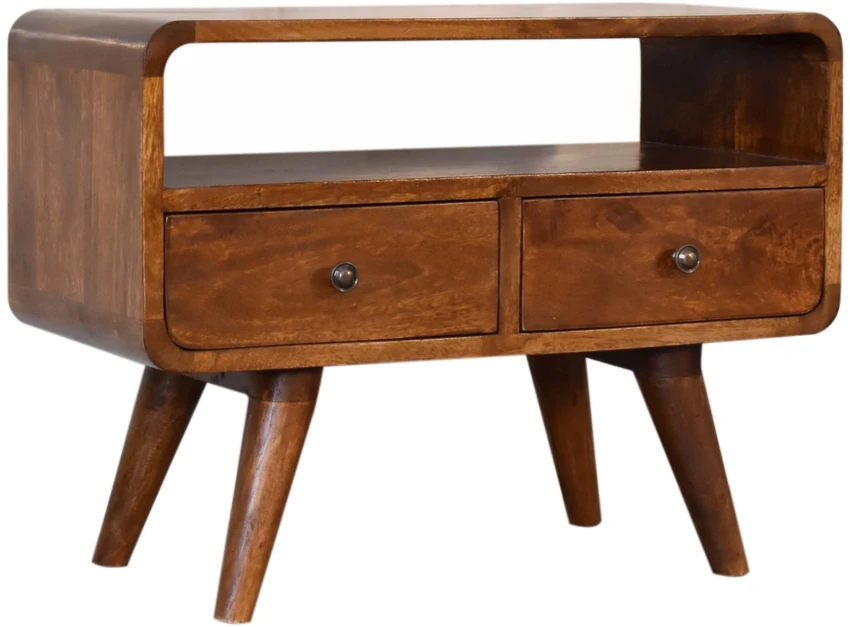 TV staliukas Artisan Furniture Lenkta Riešutmedžio Mini TV spintelė su 2 stalčiais