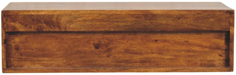 TV staliukas Artisan Furniture Lunar prie sienos montuojama mango medienos TV spintelė su 2 stalčiais, kaštono atspalvio