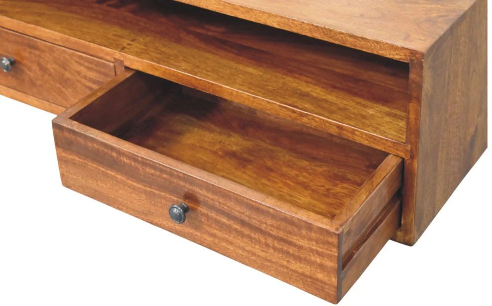 TV staliukas Artisan Furniture Lunar prie sienos montuojama mango medienos TV spintelė su 2 stalčiais, kaštono atspalvio