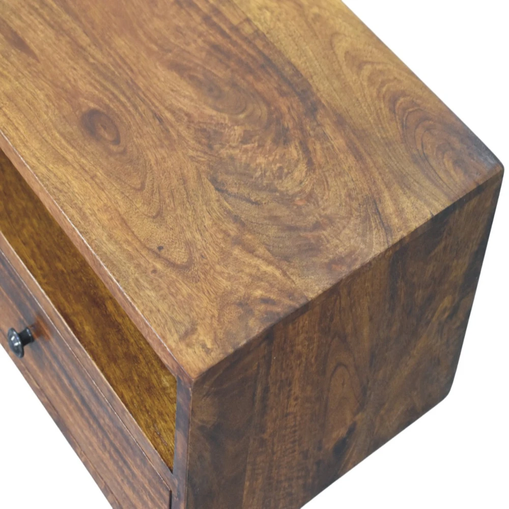 TV staliukas Artisan Furniture Lunar prie sienos montuojama mango medienos TV spintelė su 2 stalčiais, kaštono atspalvio
