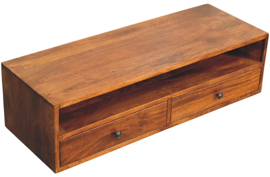 TV staliukas Artisan Furniture Lunar prie sienos montuojama mango medienos TV spintelė su 2 stalčiais, kaštono atspalvio