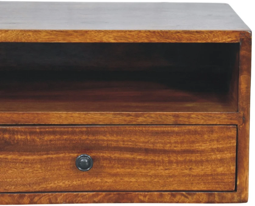 TV staliukas Artisan Furniture Lunar prie sienos montuojama mango medienos TV spintelė su 2 stalčiais, kaštono atspalvio