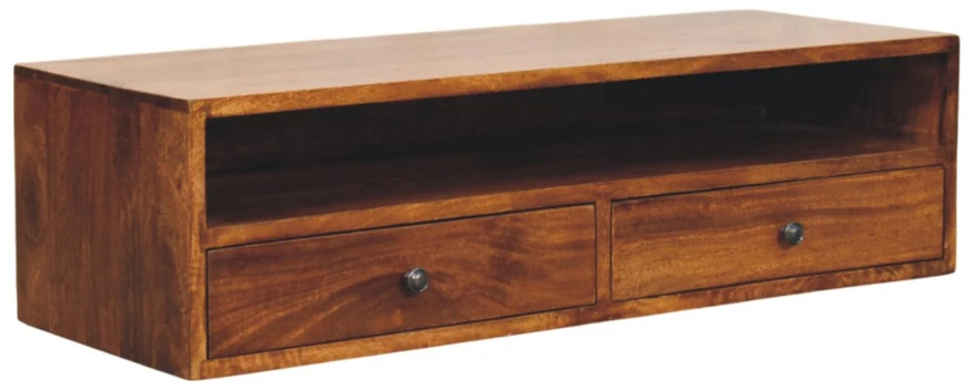 TV staliukas Artisan Furniture Lunar prie sienos montuojama mango medienos TV spintelė su 2 stalčiais, kaštono atspalvio
