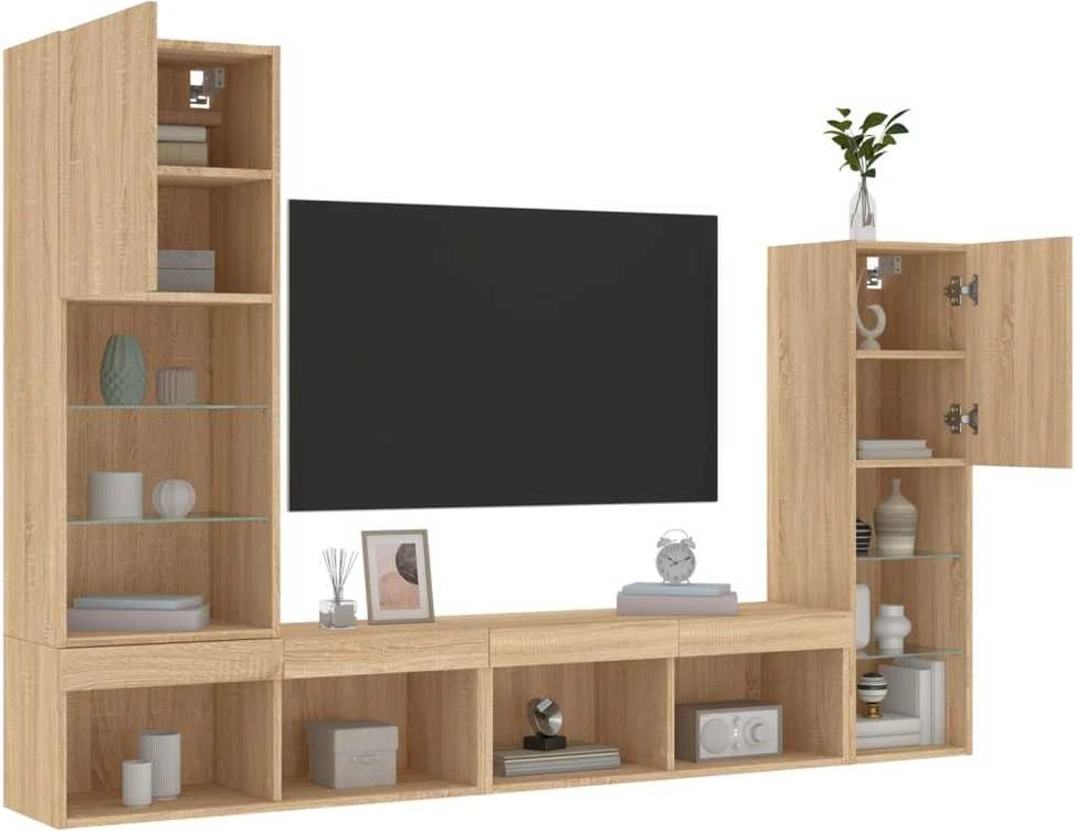 TV staliukas Sieninė TV sekcija su LED, 4 dalių, ąžuolo, apdirbta mediena