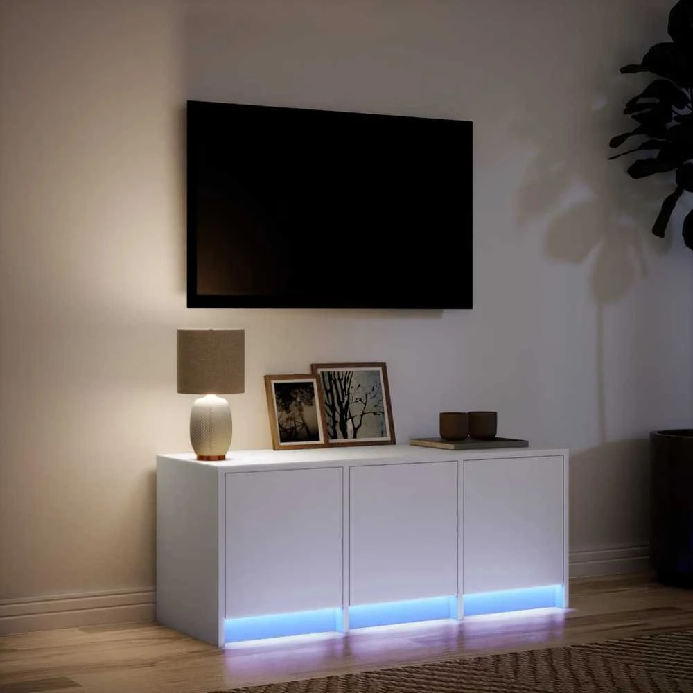 TV staliukas Televizoriaus spintelė su LED, balta, 97x34x40cm, mediena