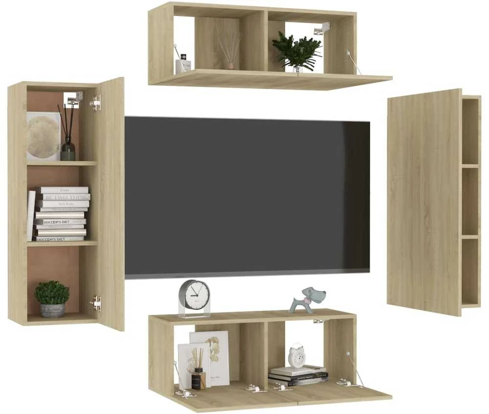 TV staliukas Televizoriaus spintelių komplektas, 4 dalių, ąžuolo, mediena