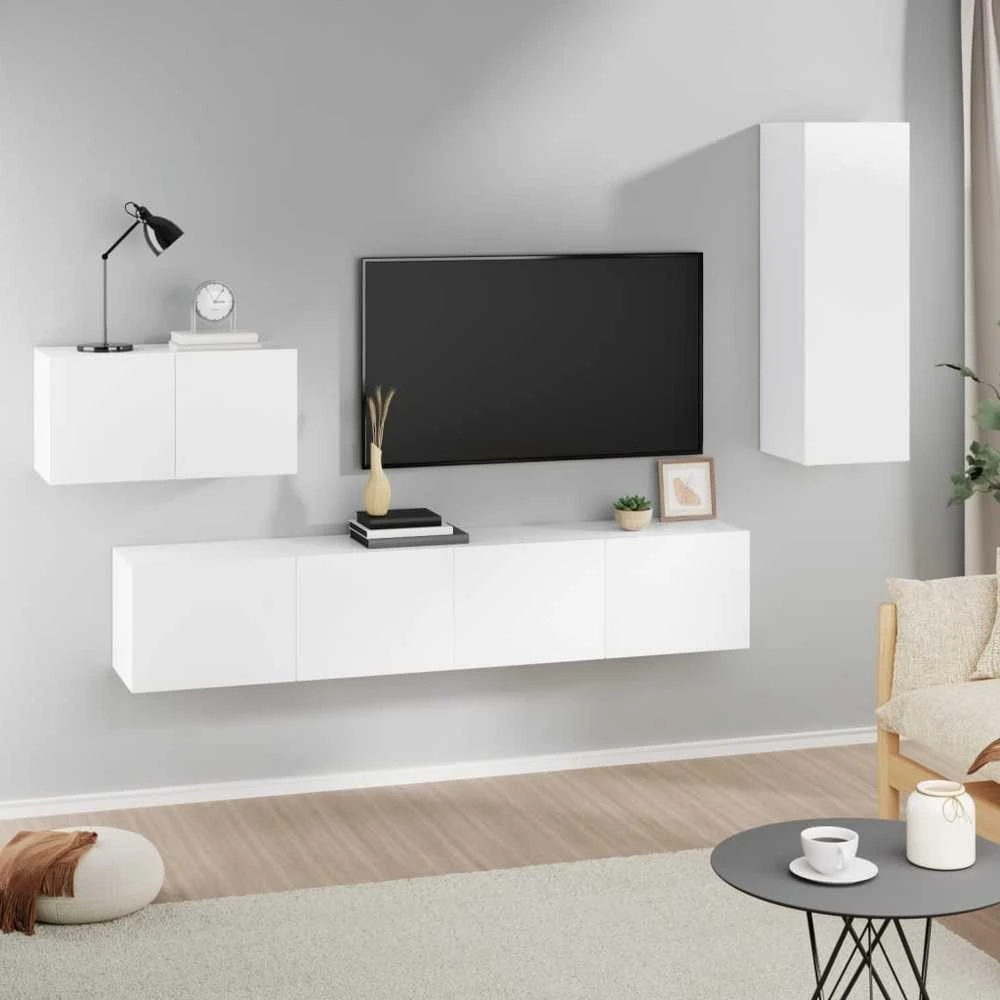 TV staliukas Televizoriaus spintelių komplektas, 4 dalių, baltas, mediena