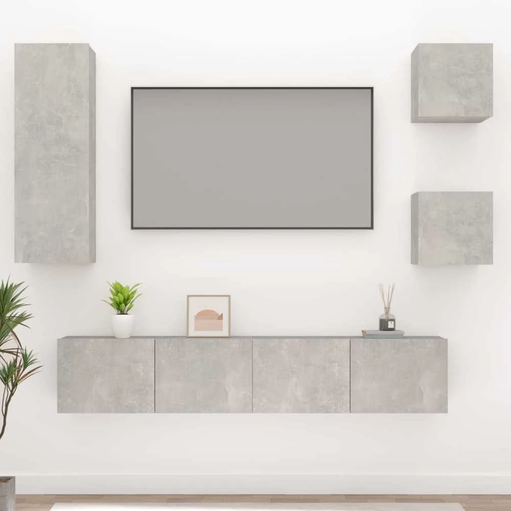 TV staliukas TV spintelių komplektas, 5 dalių, betono pilkas, mediena