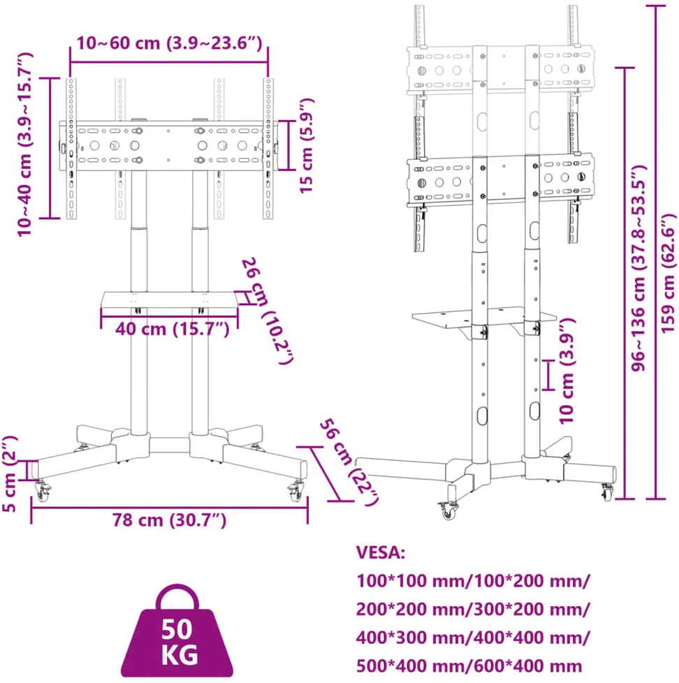Laikiklis TV stovas ant ratukų 32-70 colių ekranui, 600x400 mm, 50kg