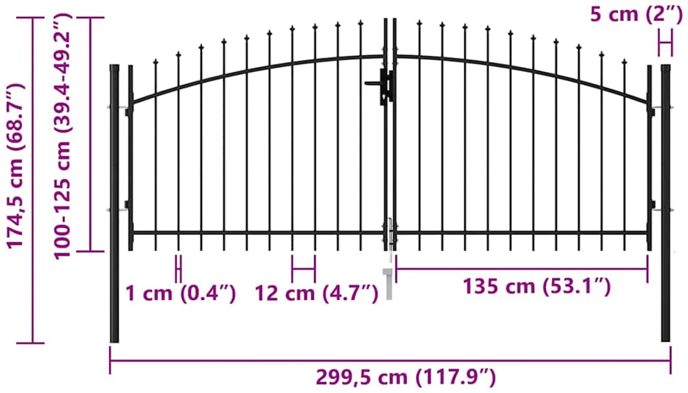 Vartai su smailiais viršugaliais, juodi, 3x1,25m, plienas