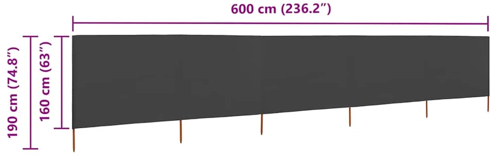 Uždanga nuo vėjo, 5 plokštės, antracito, 600x160cm, audinys