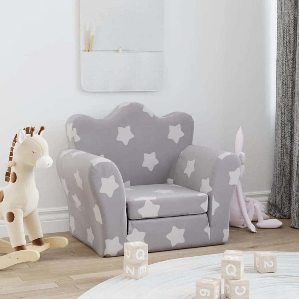 Vaikiška sofa-lova, pilka, minkštas pliušas, su žvaigždėmis
