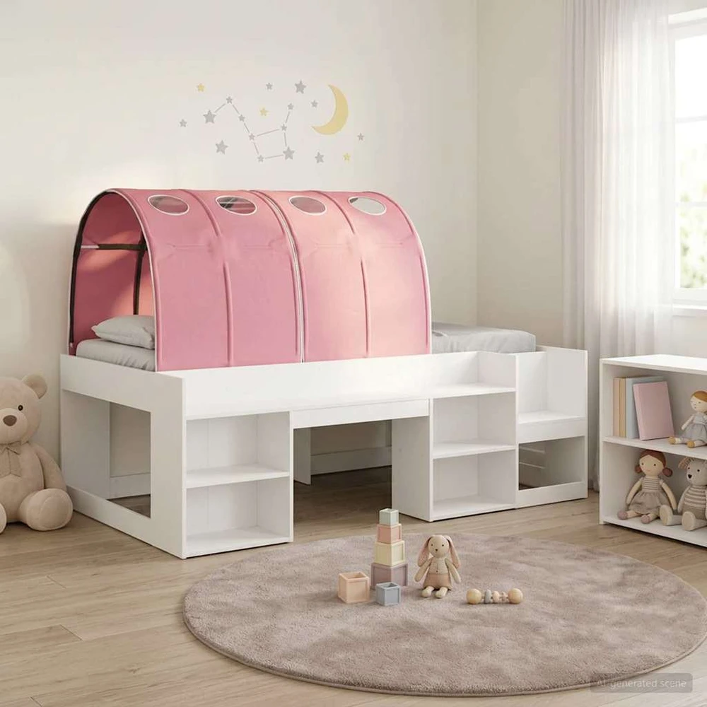 Vaikų aukšta lova su saugojimo vieta 3 vnt. Balta ir rožinė