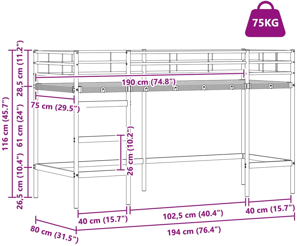 Lova Vaikų Lofto Lovos Rėmas Paprastas Juoda 75 x 190 cm Plienas
