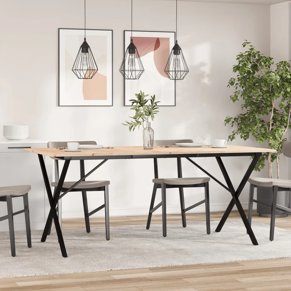 Valgomojo stalas, 180x90x75cm, pušis ir plieno, X formos rėmas
