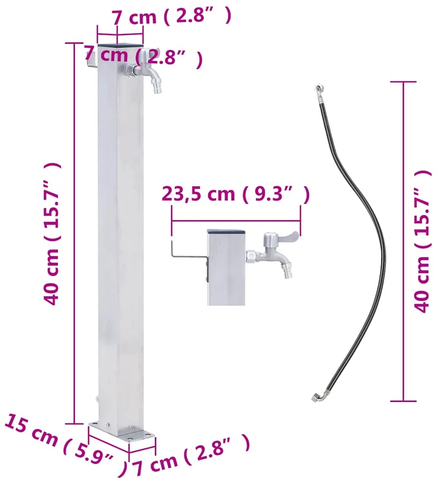 Vandens kolonėlė sodui, 40cm, nerūdijantis plienas, kvadratinė