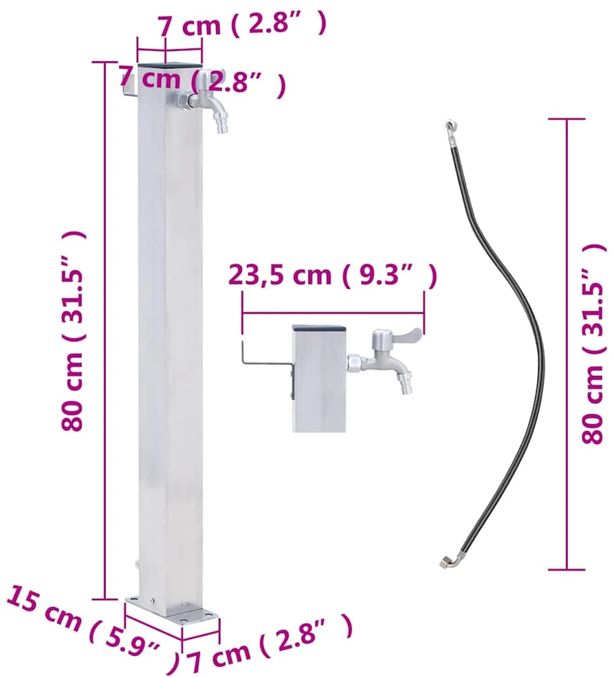 Vandens kolonėlė sodui, 80cm, nerūdijantis plienas, kvadratinė