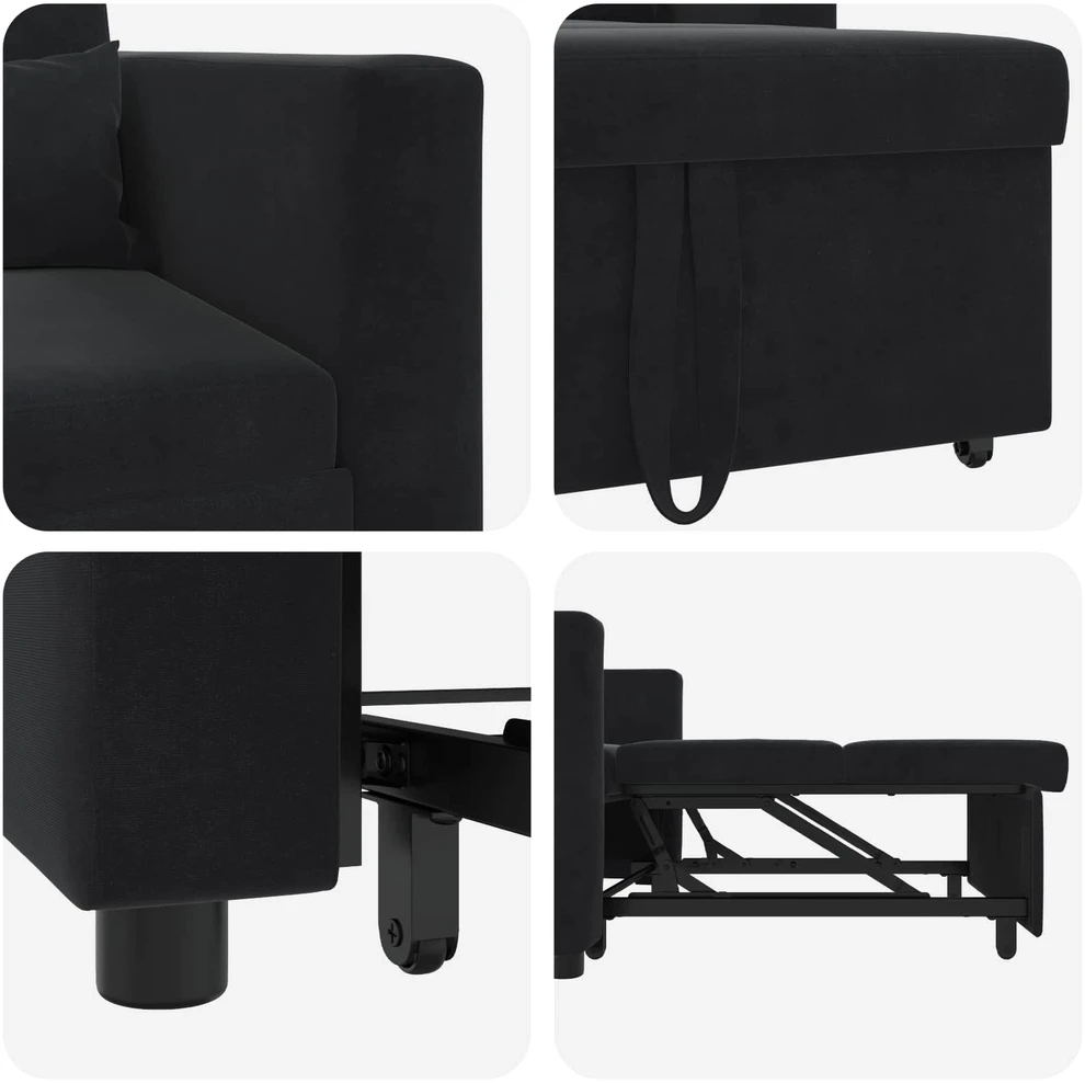 Fotelis Ištraukiamas sofa-lova vienvietis su ratais Juoda Aksomas