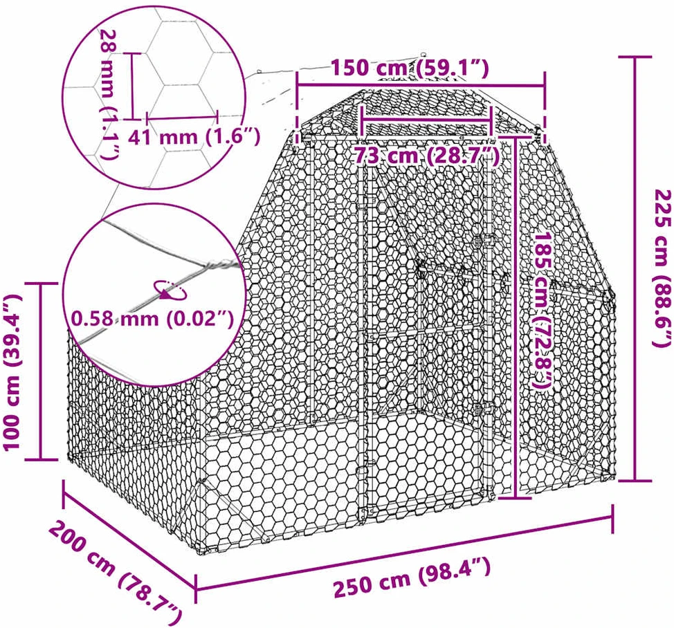 Vištienos bėgimas su stogu, 2,5x2x2,25m, galvanizuotas plienas