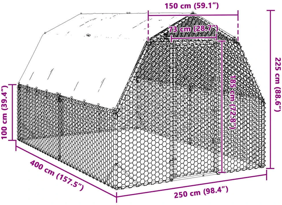 vištienos bėgimas su stogu 2,5x4x2,25 m cinkuoto plieno