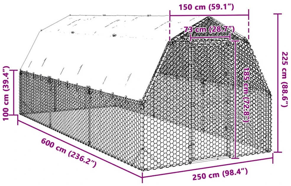 vištienos bėgimas su stogu 2,5x6x2,25 m cinkuoto plieno